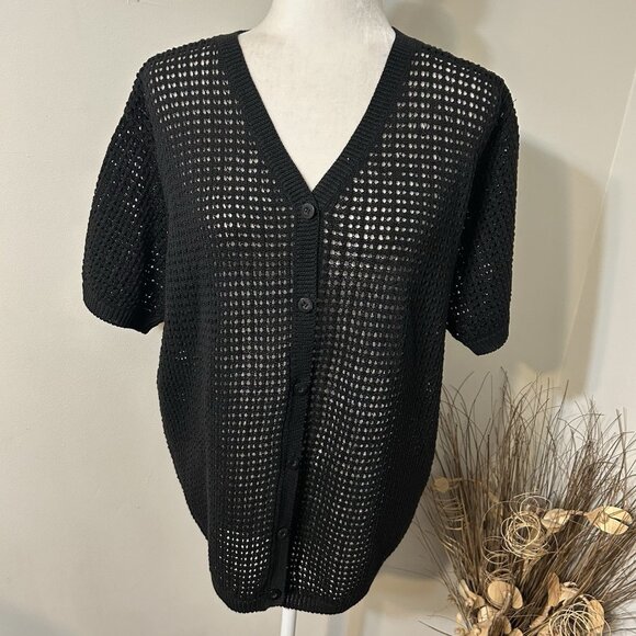 First Issue Liz Claiborne Crochet Open Knit Button Up Cardigan Sweater Black XL - Picture 1 of 5